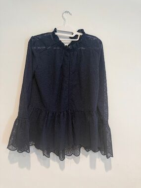 Women's Navy Lace Peplum Long-Sleeve Blouse